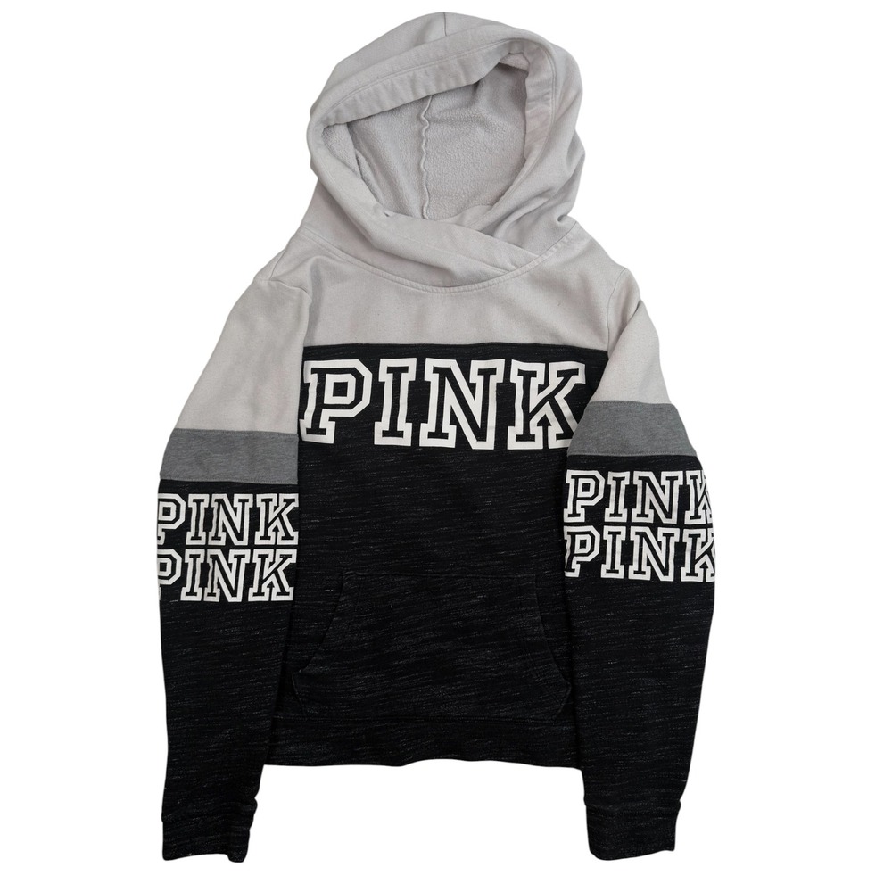 PINK Victoria's Secret Hoodie Women S Black Grey Cotton Logo Pullover Sweatshirt